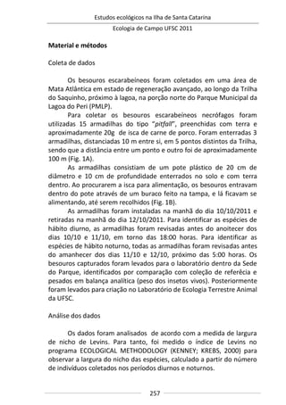 Estudos ecológicos na Ilha de Santa Catarina
Ecologia de Campo UFSC 2011
257
Material e métodos
Coleta de dados
Os besouros escarabeíneos foram coletados em uma área de
Mata Atlântica em estado de regeneração avançado, ao longo da Trilha
do Saquinho, próximo à lagoa, na porção norte do Parque Municipal da
Lagoa do Peri (PMLP).
Para coletar os besouros escarabeíneos necrófagos foram
utilizadas 15 armadilhas do tipo “pitfall”, preenchidas com terra e
aproximadamente 20g de isca de carne de porco. Foram enterradas 3
armadilhas, distanciadas 10 m entre si, em 5 pontos distintos da Trilha,
sendo que a distância entre um ponto e outro foi de aproximadamente
100 m (Fig. 1A).
As armadilhas consistiam de um pote plástico de 20 cm de
diâmetro e 10 cm de profundidade enterrados no solo e com terra
dentro. Ao procurarem a isca para alimentação, os besouros entravam
dentro do pote através de um buraco feito na tampa, e lá ficavam se
alimentando, até serem recolhidos (Fig. 1B).
As armadilhas foram instaladas na manhã do dia 10/10/2011 e
retiradas na manhã do dia 12/10/2011. Para identificar as espécies de
hábito diurno, as armadilhas foram revisadas antes do anoitecer dos
dias 10/10 e 11/10, em torno das 18:00 horas. Para identificar as
espécies de hábito noturno, todas as armadilhas foram revisadas antes
do amanhecer dos dias 11/10 e 12/10, próximo das 5:00 horas. Os
besouros capturados foram levados para o laboratório dentro da Sede
do Parque, identificados por comparação com coleção de referêcia e
pesados em balança analítica (peso dos insetos vivos). Posteriormente
foram levados para criação no Laboratório de Ecologia Terrestre Animal
da UFSC.
Análise dos dados
Os dados foram analisados de acordo com a medida de largura
de nicho de Levins. Para tanto, foi medido o índice de Levins no
programa ECOLOGICAL METHODOLOGY (KENNEY; KREBS, 2000) para
observar a largura do nicho das espécies, calculado a partir do número
de indivíduos coletados nos períodos diurnos e noturnos.
 