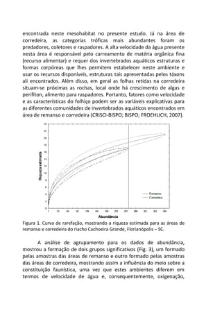encontrada neste mesohabitat no presente estudo. Já na área de
corredeira, as categorias tróficas mais abundantes foram os
predadores, coletores e raspadores. A alta velocidade da água presente
nesta área é responsável pelo carreamento de matéria orgânica fina
(recurso alimentar) e requer dos invertebrados aquáticos estruturas e
formas corpóreas que lhes permitem estabelecer neste ambiente e
usar os recursos disponíveis, estruturas tais apresentadas pelos táxons
ali encontrados. Além disso, em geral as folhas retidas na corredeira
situam-se próximas as rochas, local onde há crescimento de algas e
perifíton, alimento para raspadores. Portanto, fatores como velocidade
e as características do folhiço podem ser as variáveis explicativas para
as diferentes comunidades de invertebrados aquáticos encontrados em
área de remanso e corredeira (CRISCI-BISPO; BISPO; FROEHLICH, 2007).
Figura 1. Curva de rarefação, mostrando a riqueza estimada para as áreas de
remanso e corredeira do riacho Cachoeira Grande, Florianópolis – SC.
A análise de agrupamento para os dados de abundância,
mostrou a formação de dois grupos significativos (Fig. 3), um formado
pelas amostras das áreas de remanso e outro formado pelas amostras
das áreas de corredeira, mostrando assim a influência do meio sobre a
constituição faunística, uma vez que estes ambientes diferem em
termos de velocidade de água e, consequentemente, oxigenação,
 