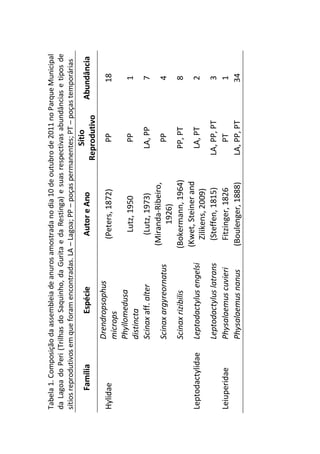 Tabela1.Composiçãodaassembleiadeanurosamostradanodia10deoutubrode2011noParqueMunicipal
daLagoadoPeri(TrilhasdoSaquinho,daGuritaedaRestinga)esuasrespectivasabundânciasetiposde
sítiosreprodutivosemqueforamencontradas.LA–Lagoa;PP–poçaspermanentes;PT–poçastemporárias
FamíliaEspécieAutoreAno
Sítio
Reprodutivo
Abundância
Hylidae
Drendropsophus
microps
(Peters,1872)PP18
Phyllomedusa
distincta
Lutz,1950PP1
Scinaxaff.alter(Lutz,1973)LA,PP7
Scinaxargyreornatus
(Miranda-Ribeiro,
1926)
PP4
Scinaxrizibilis(Bokermann,1964)PP,PT8
LeptodactylidaeLeptodactylusengelsi
(Kwet,Steinerand
Zilikens,2009)
LA,PT2
Leptodactyluslatrans(Steffen,1815)LA,PP,PT3
LeiuperidaePhysalaemuscuvieriFitzinger,1826PT1
Physalaemusnanus(Boulenger,1888)LA,PP,PT34
 