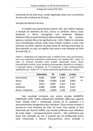 Estudos ecológicos na Ilha de Santa Catarina
Ecologia de Campo UFSC 2011
351
amostrada foi de nove tocas, sendo registradas áreas sem a ocorrência
de tocas até o máximo de 25 tocas.
Variação do diâmetro da toca
O modelo mais parcimonioso (menor AIC), que melhor explicou
a variação do diâmetro da toca, incluiu as variáveis: Altura, Local,
Ambiente e Altura interagindo com Ambiente (Modelo:
Diâmetro~Altura+Local+Ambiente+Altura:Ambiente). No entanto,
apenas a variável Altura foi significativa (p < 0,05; Tabela 1), indicando
uma estratificação vertical, onde tocas maiores tendem a estar mais
próximas ao limite superior da praia (faixa de restinga preservada ou
área alterada), ou seja, em regiões mais secas e mais distantes da linha
de maré (Fig. 2).
Tabela 1. Diagnóstico da regressão para o modelo linear mais parcimonioso,
com suas respectivas estimativas (coeficientes), erro padrão (EP), t valor e p
valor. As variáveis incluídas neste modelo selecionado foram: Altura
(estratificação vertical); Local; Ambiente (antropizado/ alterado ou restinga); e
a interação Altura e Ambiente. Os (**) destacam p valor estatisticamente
significativos (p < 0,05) e (***), valores altamente significativos (p < 0,001).
Este resultado corrobora com outros estudos (ALBERTO;
FONTOURA, 1999; TURRA; GONÇALVES; DENADAI, 2005) que sugerem
haver relação entre a distribuição vertical de O. quadrata e o
desenvolvimento ontogenético dos indivíduos. Tocas maiores tendem a
localizar-se mais distantes da linha da maré. Este padrão já fora
observado por Duncan (1986), cujo estudo evidenciou que indivíduos
de maior idade – consequentemente maiores – têm preferência por
áreas mais afastadas do mar. É possível que tal configuração possa
estar relacionada à fatores físico-químicos como umidade e
Estimativa EP t valor p valor
(Intercepto) 0,041 0,009 4,405 4,27-5
***
Altura 0,001 < 0,001 3,299 0,002 **
Local -0,011 0,007 -1,417 0,161
Ambiente 0,006 0,008 0,821 0,415
Altura : Ambiente < 0,001 < 0,001 1,503 0,138
 
