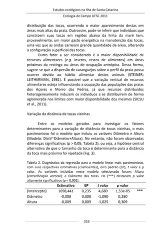 Estudos ecológicos na Ilha de Santa Catarina
Ecologia de Campo UFSC 2011
353
distribuição das tocas, ocorrendo o maior aparecimento destas em
áreas mais altas da praia. Outrossim, pode-se inferir que indivíduos que
constroem suas tocas em regiões abaixo da linha da maré tem,
provavelmente, um maior gasto energético na manutenção das tocas,
uma vez que as ondas carreiam grande quantidade de areia, alterando
a configuração superficial das tocas.
Outro fator a ser considerado é a maior disponibilidade de
recursos alimentares (e.g. insetos, restos de alimentos) em áreas
próximas da restinga ou áreas de ocupação antrópica. Dessa forma,
sugere-se que a dispersão de caranguejos sobre o perfil da praia possa
ocorrer devido ao hábito alimentar destes animais (STEINER;
LEITHERMAN, 1981). É possível que a variação vertical de recursos
alimentares esteja influenciando a ocupação das populações das praias
dos Açores e Morro das Pedras, já que recursos distribuídos
heterogeneamente induzem os indivíduos a se distribuírem de forma
aglomerada nos limites com maior disponibilidade dos mesmos (SICSU
et al., 2011).
Variação da distância de tocas vizinhas
Entre os modelos gerados para investigar os fatores
determinantes para a variação de distância de tocas vizinhas, o mais
parcimonioso foi o modelo que incluiu as varáveis Diâmetro e Altura
(Modelo: DistV~Diâmetro+Altura). No entanto, não foram observadas
diferenças significativas (p > 0,05; Tabela 2), ou seja, a hipótese central
alternativa de que o tamanho da toca é determinante para a distância
da toca mais próxima foi rejeitada (Fig. 3).
Tabela 2. Diagnóstico da regressão para o modelo linear mais parcimonioso,
com suas respectivas estimativas (coeficientes), erro padrão (EP), t valor e p
valor. As variáveis incluídas neste modelo selecionado foram: Altura
(estratificação vertical); e Diâmetro das tocas. Os (***) destacam p valor
altamente significativos (p < 0,001).
Estimativa EP t valor p valor
(Intercepto) 1098,441 0,235 4,680 1,53e-05 ***
Diâmetro -0,008 0,008 -1,090 0,280
Altura -0,009 0,009 -1,025 0,309
 