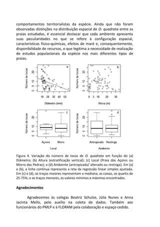 comportamentos territorialistas da espécie. Ainda que não foram
observadas distinções na distribuição espacial de O. quadrata entre as
praias estudadas, é essencial destacar que cada ambiente apresenta
suas peculiaridades no que se refere à configuração espacial,
características físico-químicas, efeitos de maré e, consequentemente,
disponibilidade de recursos, o que legitima a necessidade de realização
de estudos populacionais da espécie nos mais diferentes tipos de
praias.
Figura 4. Variação do número de tocas de O. quadrata em função do (a)
Diâmetro; (b) Altura (estratificação vertical); (c) Local (Praia dos Açores ou
Morro das Pedras); e (d) Ambiente (antropizado/ alterado ou restinga). Em (a)
e (b), a linha contínua representa a reta da regressão linear simples ajustada.
Em (c) e (d), os traços maiores representam a mediana; as caixas, os quartis de
25-75%; e os traços menores, os valores mínimos e máximos encontrados.
Agradecimentos
Agradecemos às colegas Beatriz Schulze, Júlia Nunes e Anna
Jacinta Mello, pelo auxílio na coleta de dados. Também aos
funcionários do PMLP e à FLORAM pela colaboração e espaço cedido.
 