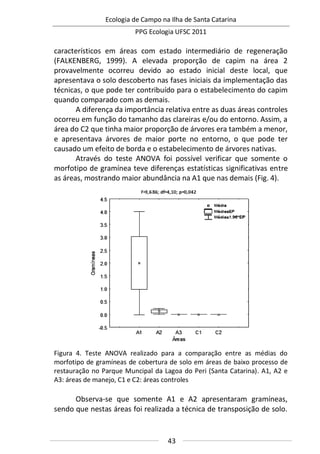 Ecologia de Campo na Ilha de Santa Catarina
PPG Ecologia UFSC 2011
43
característicos em áreas com estado intermediário de regeneração
(FALKENBERG, 1999). A elevada proporção de capim na área 2
provavelmente ocorreu devido ao estado inicial deste local, que
apresentava o solo descoberto nas fases iniciais da implementação das
técnicas, o que pode ter contribuído para o estabelecimento do capim
quando comparado com as demais.
A diferença da importância relativa entre as duas áreas controles
ocorreu em função do tamanho das clareiras e/ou do entorno. Assim, a
área do C2 que tinha maior proporção de árvores era também a menor,
e apresentava árvores de maior porte no entorno, o que pode ter
causado um efeito de borda e o estabelecimento de árvores nativas.
Através do teste ANOVA foi possível verificar que somente o
morfotipo de gramínea teve diferenças estatísticas significativas entre
as áreas, mostrando maior abundância na A1 que nas demais (Fig. 4).
Figura 4. Teste ANOVA realizado para a comparação entre as médias do
morfotipo de gramíneas de cobertura de solo em áreas de baixo processo de
restauração no Parque Muncipal da Lagoa do Peri (Santa Catarina). A1, A2 e
A3: áreas de manejo, C1 e C2: áreas controles
Observa-se que somente A1 e A2 apresentaram gramíneas,
sendo que nestas áreas foi realizada a técnica de transposição de solo.
 