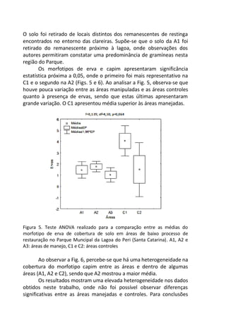 O solo foi retirado de locais distintos dos remanescentes de restinga
encontrados no entorno das clareiras. Supõe-se que o solo da A1 foi
retirado do remanescente próximo à lagoa, onde observações dos
autores permitiram constatar uma predominância de gramíneas nesta
região do Parque.
Os morfotipos de erva e capim apresentaram significância
estatística próxima a 0,05, onde o primeiro foi mais representativo na
C1 e o segundo na A2 (Figs. 5 e 6). Ao analisar a Fig. 5, observa-se que
houve pouca variação entre as áreas manipuladas e as áreas controles
quanto à presença de ervas, sendo que estas últimas apresentaram
grande variação. O C1 apresentou média superior às áreas manejadas.
Figura 5. Teste ANOVA realizado para a comparação entre as médias do
morfotipo de erva de cobertura de solo em áreas de baixo processo de
restauração no Parque Muncipal da Lagoa do Peri (Santa Catarina). A1, A2 e
A3: áreas de manejo, C1 e C2: áreas controles
Ao observar a Fig. 6, percebe-se que há uma heterogeneidade na
cobertura do morfotipo capim entre as áreas e dentro de algumas
áreas (A1, A2 e C2), sendo que A2 mostrou a maior média.
Os resultados mostram uma elevada heterogeneidade nos dados
obtidos neste trabalho, onde não foi possível observar diferenças
significativas entre as áreas manejadas e controles. Para conclusões
 