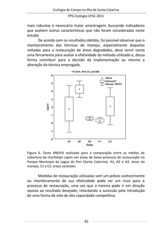Ecologia de Campo na Ilha de Santa Catarina
PPG Ecologia UFSC 2011
45
mais robustas é necessária maior amostragem, buscando indicadores
que avaliem outras características que não foram consideradas neste
estudo.
De acordo com os resultados obtidos, foi possível observar que o
monitoramento das técnicas de manejo, especialmente daquelas
voltadas para a restauração de áreas degradadas, deve servir como
uma ferramenta para avaliar a efetividade do método utilizado e, dessa
forma contribuir para a decisão da implementação ou mesmo a
alteração da técnica empregada.
Figura 6. Teste ANOVA realizado para a comparação entre as médias de
cobertura do morfotipo capim em áreas de baixo processo de restauração no
Parque Municipal da Lagoa do Peri (Santa Catarina). A1, A2 e A3: áreas de
manejo, C1 e C2: áreas controles
Medidas de restauração utilizadas sem um prévio conhecimento
ou monitoramento de sua efetividade pode ser um risco para o
processo de restauração, uma vez que a mesma pode ir em direção
oposta ao resultado desejado, retardando a sucessão pela introdução
de uma forma de vida de alta capacidade competitiva.
 