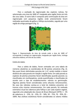 Ecologia de Campo na Ilha de Santa Catarina
PPG Ecologia UFSC 2011
51
Para a avaliação da regeneração das espécies nativas, foi
selecionada uma área de 1600 m² margeada pela região fonte em três
dos seus lados. O outro lado é composto pela continuação da área em
regeneração com pequenas regiões onde anteriormente foram
realizadas queimadas de galhos e folhiço acumulados, seguida por uma
região de antiga pastagem (Fig. 1).
Figura 1. Representação da área de estudo onde a área de 1600 m²
corresponde à restinga em regeneração, margeada por região fonte, restinga
arbustiva-arbórea, em três de seus lados.
Coleta de dados
Para a coleta de dados, foram sorteadas em uma tabela de
números aleatórios as coordenadas de 40 pontos amostrais (Fig. 2).
Nos quais foram delimitadas parcelas de 1 m², sendo medida a menor
distância de cada parcela em relação à região fonte. Em cada parcela as
espécies de plantas presentes foram identificadas quando possível, ou
classificadas em morfoespécies, sendo quantificadas e classificadas de
acordo com o tipo de estabelecimento: rebrota ou germinação.
Algumas plantas foram consideradas como arbustos remanescentes.
No caso das rebrotas contou-se o total de módulos presentes em
troncos e/ou rizomas remanescentes. Em cada parcela, foi realizada
estimativa visual da cobertura pelo folhiço e por cada espécie vegetal,
seguindo uma adaptação das classes de Braun-Blanquet (1979): 1 - 5%
de cobertura, 6 - 15%, 16 - 25%, 25 - 50%, 50 - 75%, 76 - 95%, 95 -
100%. Nas análises estatísticas foram considerados os valores médios
 