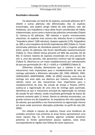Ecologia de Campo na Ilha de Santa Catarina
PPG Ecologia UFSC 2011
53
Resultados e discussão
Foi observado um total de 22 espécies, excluindo plântulas de P.
elliottii e outras plântulas não diferenciadas. Das 22 espécies
encontradas, sete podem atingir hábito de vida arbóreo, sete são
herbáceas, seis trepadeiras e duas delas foram consideradas de hábito
indeterminado, assim como a maioria das plântulas amostradas (Tabela
2). Contou-se 42 plântulas, 789 rebrotas e quatro remanescentes
arbustivos. As espécies mais comuns das rebrotas foram o morfotipo
"trepadeira pilosa" (198 rebrotas), Guapira opposita (179), Polypodium
sp. (89) e uma trepadeira da família Sapindaceae (84) (Tabela 1). Foram
amostradas plântulas de Gomidesia palustris (três) e Eugenia uniflora
(três), porém 35 plântulas não foram identificadas taxonomicamente
(Tabela 1). Pinus elliottii estava presente em 80% das parcelas (32 de
40). O número máximo de espécies encontrado em uma parcela foi
oito e, uma das parcelas, não apresentou nenhum tipo de vegetação
(Tabela 3). Observou-se um maior estabelecimento por rebrotamento
do que por germinação (N = 40, Z = 4,663; p = 0,000003) (Tabela 3).
Diferentes estudos demonstram que a rebrota é um dos
mecanismos mais importantes para o restabelecimento de área de
restinga submetida a diferentes alterações (SÁ, 1993; ARAÚJO, 1995;
CARVALHAES; MANTOWANI, 1998). Sá (2002) estudou uma área de
restinga seis anos após sua abertura por tratores, identificando a
rebrota como um dos mecanismos mais importantes para o
restabelecimento da área. No estudo de Araújo e Peixoto (1977),
avaliou-se a regeneração de uma área de restinga após queimada.
Identificou-se que o mecanismo principal de regeneração no começo
do estudo foi por rebrota, sendo visualizada germinação do banco de
semente somente após 11 meses. Dentre as rebrotas encontradas, um
grande número era de trepadeiras. As trepadeiras têm alta capacidade
de rebrota, que possibilita o seu favorecimento na regeneração mesmo
em locais onde ocorreram alterações profundas no perfil do solo (SÁ,
2002).
Em relação à riqueza de espécies, houve uma tendência de
unidades amostrais mais próximas às áreas fontes apresentarem uma
maior riqueza (Fig. 3). No entanto, algumas unidades amostrais
próximas às fontes apresentaram poucas espécies, estas áreas
correspondendo às regiões com folhiço de maior espessura.
 