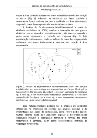 Ecologia de Campo na Ilha de Santa Catarina
PPG Ecologia UFSC 2011
65
e que a área controle apresentou maior diversidade média em relação
às outras (Fig. 1). Ademais, as variâncias das áreas controle e
tratamento foram maiores do que a variância da área conservada,
sugerindo maior heterogeneidade ambiental nessas áreas.
A Análise de Escalonamento Multidimensional, a partir da
distância euclidiana de 100%, revelou a formação de dois grupos
distintos, sendo formados, respectivamente, pela área conservada e
pelas áreas tratamento e controle em conjunto (Fig. 2). Esta
constatação mais uma vez, pode ser reflexo da maior heterogeneidade
ambiental nas áreas tratamento e controle em relação à área
conservada.
Figura 2. Análise de Escalonamento Multidimensional (MDS) das parcelas
estabelecidas um uma restinga arbustivo-arbórea do Parque Municipal da
Lagoa do Peri, Florianópolis, SC, onde: t = área com supressão de Eucalyptus
sp. e Pinus sp. e com intervenções restaurativas (tratamento); c = área com
supressão de Eucalyptus sp. e Pinus sp. e sem intervenções restaurativas
(controle); cs = área conservada (conservada)
Essa heterogeneidade poderia ser o produto de condições
diferencias no momento de retirada das árvores exóticas e da
implantação das ações de restauração, como refere Bedin (2010).
Outros fatores ainda que poderiam explicar a heterogeneidade
observada incluem a localização, tamanho e formas das áreas
tratamento e controle, assim como características distintas da
vegetação no entorno.
 