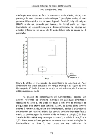 Ecologia de Campo na Ilha de Santa Catarina
PPG Ecologia UFSC 2011
73
médio pode-se dever ao fato da área estar mais aberta, isto é, com
presença de mais clareiras ocasionadas por S. parahyba; assim, há mais
permeabilidade de luz nos espaços. Segundo Gandolfi, Joly e Rodrigues
(2007), a clareira formada por árvores do dossel pode ter papel
importante no estabelecimento e desenvolvimento de plantas em
estratos inferiores, no caso, de P. umbellatum sob as copas de S.
parahyba.
Figura 1. Médias e erros-padrão da porcentagem de cobertura de Piper
umbellatum nas áreas estudadas no Parque Municipal da Lagoa do Peri,
Florianópolis, SC. Onde: 1 = área de estágio sucessional avançado; 2 = área de
estágio sucessional médio
Na análise da porcentagem de luminosidade, ocorreu um
outlier, referente ao primeiro indivíduo de garapuvú amostrado,
localizado na área 1. Isto pode se dever a um erro de medição do
pesquisador que aferiu esta variável. Assim, os dados desta árvore,
quanto à luminosidade, foram desconsiderados, devido à discrepância
dos mesmos em relação à média dos demais. Considerando esse fato, a
média da porcentagem de luminosidade (estimada e corrigida) da área
1 é de 4,45% ± 0,99, enquanto que na área 2, a média é de 4,22% ±
1,33. Com esses valores podemos observar uma maior variação de
luminosidade na área 2; isso pode ser um indicativo de
 