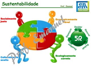 Sustentabilidade
Socialmente
justo

Culturalmente
aceito

Prof. Emanuel

Economicamente
viável

Ecologicamente
correto

 
