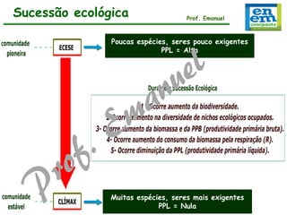 Sucessão ecológica

Prof. Emanuel

Poucas espécies, seres pouco exigentes
PPL = Alta

Muitas espécies, seres mais exigentes
PPL = Nula

 