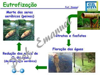 Eutrofização

Prof. Emanuel

Morte dos seres
aeróbicos (peixes)

Nitratos e fosfatos

Redução dos níveis de
O2 da água
(decomposição aeróbica)

Floração das águas

 