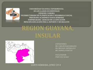 REGION GUAYANA,
INSULAR
EXPOSITORES:
BR. CARLOS NAGUANAGUA
BR. MICHAEL RODRIGUEZ
BR. DANIELA SANTOS
FACILITADOR:
PROF. ELY SUAZO
SANTA BÁRBARA, JUNIO 2014
UNIVERSIDAD NACIONAL EXPERIMENTAL
DE LOS LLANOS OCCIDENTALES
EZEQUIEL ZAMORA
VICERRECTORADO DE PLANIFICACIÓN Y DESARROLLO SOCIAL
PROGRAMA ACADÉMICO SANTA BÁRBARA
SUBPROGRAMA CIENCIAS DE LA EDUCACIÓN
MENCIÓN EDUCACIÓN FÍSICA, DEPORTE Y RECREACIÓN
 