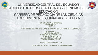 UNIVERSIDAD CENTRAL DEL ECUADOR
FACULTAD DE FILOSOFÍA, LETRAS Y CIENCIAS DE LA
EDUCACIÓN
CARRERA DE PEDAGOGÍA DE LAS CIENCIAS
EXPERIMENTALES, QUÍMICA Y BIOLOGÍA
ECOLOGÍA GENERAL
UNIDAD III
TEMA :
CLASIFICACIÓN DE LOS BIOMA: ECOSISTEMA LÉNTICO
GRUPO 6
INTEGRANTES :
SIMBAÑA MICHELLE
VACA PAMELA
VALLEJO ARACELI
ZAMBRANO LILIA
CURSO: SEGUNDO “B”
DOCENTE: MSC. ÁNGELA ZAMBRANO
 