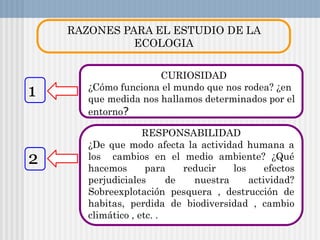 RAZONES PARA EL ESTUDIO DE LA
ECOLOGIA
CURIOSIDAD
¿Cómo funciona el mundo que nos rodea? ¿en
que medida nos hallamos determinados por el
entorno?
RESPONSABILIDAD
¿De que modo afecta la actividad humana a
los cambios en el medio ambiente? ¿Qué
hacemos para reducir los efectos
perjudiciales de nuestra actividad?
Sobreexplotación pesquera , destrucción de
habitas, perdida de biodiversidad , cambio
climático , etc. .
1
2
 