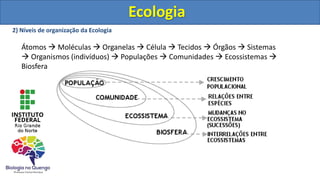 Ecologia
2) Níveis de organização da Ecologia
Átomos  Moléculas  Organelas  Célula  Tecidos  Órgãos  Sistemas
 Organismos (indivíduos)  Populações  Comunidades  Ecossistemas 
Biosfera
Ecologia
 