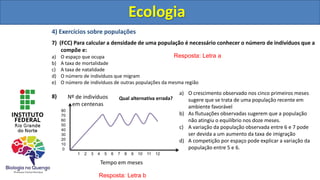 Ecologia
4) Exercícios sobre populações
7) (FCC) Para calcular a densidade de uma população é necessário conhecer o número de indivíduos que a
compõe e:
a) O espaço que ocupa
b) A taxa de mortalidade
c) A taxa de natalidade
d) O número de indivíduos que migram
e) O número de indivíduos de outras populações da mesma região
8)
80
70
60
50
40
30
20
10
0
1 2 3 4 5 6 7 8 9 10 11 12
Nº de indivíduos
em centenas
Tempo em meses
a) O crescimento observado nos cinco primeiros meses
sugere que se trata de uma população recente em
ambiente favorável
b) As flutuações observadas sugerem que a população
não atingiu o equilíbrio nos doze meses.
c) A variação da população observada entre 6 e 7 pode
ser devida a um aumento da taxa de imigração
d) A competição por espaço pode explicar a variação da
população entre 5 e 6.
Qual alternativa errada?
Resposta: Letra a
Resposta: Letra b
Ecologia
 