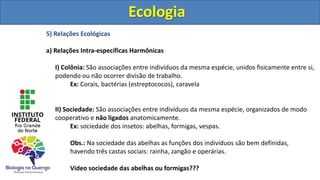 5) Relações Ecológicas
a) Relações Intra-específicas Harmônicas
I) Colônia: São associações entre indivíduos da mesma espécie, unidos fisicamente entre si,
podendo ou não ocorrer divisão de trabalho.
Ex: Corais, bactérias (estreptococos), caravela
II) Sociedade: São associações entre indivíduos da mesma espécie, organizados de modo
cooperativo e não ligados anatomicamente.
Ex: sociedade dos insetos: abelhas, formigas, vespas.
Obs.: Na sociedade das abelhas as funções dos indivíduos são bem definidas,
havendo três castas sociais: rainha, zangão e operárias.
Video sociedade das abelhas ou formigas???
Ecologia
Ecologia
 