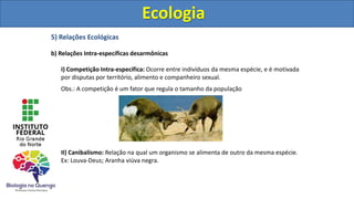 5) Relações Ecológicas
b) Relações Intra-específicas desarmônicas
I) Competição Intra-específica: Ocorre entre indivíduos da mesma espécie, e é motivada
por disputas por território, alimento e companheiro sexual.
Obs.: A competição é um fator que regula o tamanho da população
II) Canibalismo: Relação na qual um organismo se alimenta de outro da mesma espécie.
Ex: Louva-Deus; Aranha viúva negra.
Ecologia
Ecologia
 