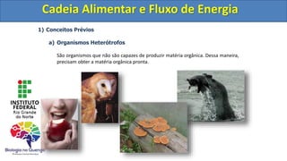 1) Conceitos Prévios
a) Organismos Heterótrofos
São organismos que não são capazes de produzir matéria orgânica. Dessa maneira,
precisam obter a matéria orgânica pronta.
Cadeia Alimentar e Fluxo de Energia
Cadeia Alimentar e Fluxo de Energia
 