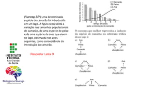 (Vunesp-SP) Uma determinada
espécie de camarão foi introduzida
em um lago. A figura representa a
variação nos tamanhos populacionais
do camarão, de uma espécie de peixe
e de uma espécie de aves que vivem
no lago, observada nos anos
seguintes, como conseqüência da
introdução do camarão.
Resposta: Letra D
 