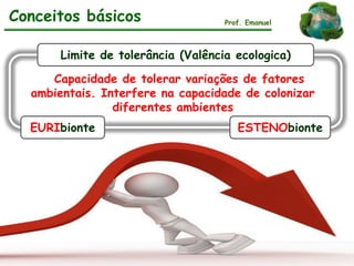 Conceitos básicos Prof. Emanuel
Limite de tolerância (Valência ecologica)
Capacidade de tolerar variações de fatores
ambientais. Interfere na capacidade de colonizar
diferentes ambientes
EURIbionte ESTENObionte
 