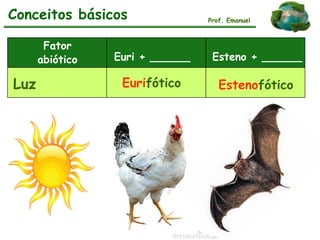 Prof. Emanuel
Fator
abiótico Euri + ______ Esteno + ______
Luz Eurifótico Estenofótico
Conceitos básicos
 