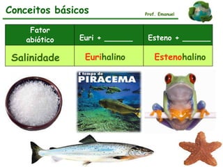 Prof. Emanuel
Fator
abiótico Euri + ______ Esteno + ______
Salinidade Eurihalino Estenohalino
Conceitos básicos
 