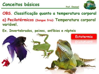 OBS. Classificação quanto a temperatura corporal
a) Pecilotérmicos (Sangue frio): Temperatura corporal
variável.
Ex. Invertebrados, peixes, anfíbios e répteis
Prof. Emanuel
Ectotermia
Conceitos básicos
 