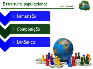 Estrutura populacional Prof. Emanuel
• Dimensão
• Composição
• Dinâmica
 