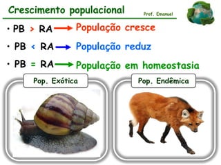 • PB > RA
• PB < RA
• PB = RA
População cresce
População reduz
População em homeostasia
Crescimento populacional Prof. Emanuel
Pop. Exótica Pop. Endêmica
 