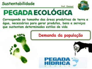 Sustentabilidade Prof. Emanuel
Corresponde ao tamanho das áreas produtivas de terra e
água, necessárias para gerar produtos, bens e serviços
que sustentam determinados estilos de vida
Demanda da população
 