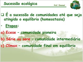  É a sucessão de comunidades até que seja
atingido o equilíbrio (homeostasia)
• Etapas:
a) Ecese – comunidade pioneira
b) Série ou sere – comunidade intermediária
c) Clímax – comunidade final em equilíbrio
Sucessão ecológica Prof. Emanuel
 