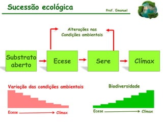Substrato
aberto
Ecese Sere Clímax
Alterações nas
Condições ambientais
Variação das condições ambientais
Sucessão ecológica Prof. Emanuel
Biodiversidade
Ecese Clímax Ecese Clímax
 