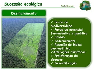 Sucessão ecológica Prof. Emanuel
Desmatamento
 Perda da
biodiversidade
 Perda do potencial
farmacêutico e genético
 Erosão
 Assoreamento
 Redução do índice
pluviométrico
Alterações climáticas
 Proliferação de
doenças
 Desertificação
 