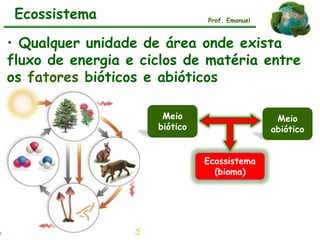 • Qualquer unidade de área onde exista
fluxo de energia e ciclos de matéria entre
os fatores bióticos e abióticos
Ecossistema Prof. Emanuel
Meio
biótico
Ecossistema
(bioma)
Meio
abiótico
 