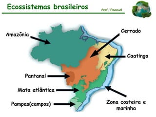 Ecossistemas brasileiros Prof. Emanuel
Amazônia
Cerrado
Pantanal
Mata atlântica
Pampas(campos)
Caatinga
Zona costeira e
marinha
 