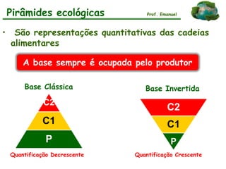 Pirâmides ecológicas Prof. Emanuel
• São representações quantitativas das cadeias
alimentares
C2
C1
P
C2
C1
P
A base sempre é ocupada pelo produtor
Base Clássica Base Invertida
Quantificação Decrescente Quantificação Crescente
 