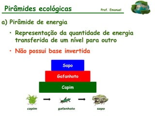 Pirâmides ecológicas
a) Pirâmide de energia
• Representação da quantidade de energia
transferida de um nível para outro
• Não possui base invertida
Prof. Emanuel
Capim
Gafanhoto
Sapo
 