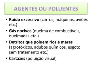• Ruído excessivo (carros, máquinas, aviões
etc.)
• Gás nocivos (queima de combustíveis,
queimadas etc.)
• Detritos que poluem rios e mares
(agrotóxicos, adubos químicos, esgoto
sem tratamento etc.)
• Cartazes (poluição visual)
 