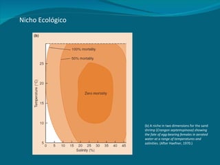 Nicho Ecológico (b) A niche in two dimensions for the sand shrimp ( Crangon septemspinosa) showing the fate of egg-bearing females in aerated water at a range of temperatures and salinities.  (After Haefner, 1970.) 