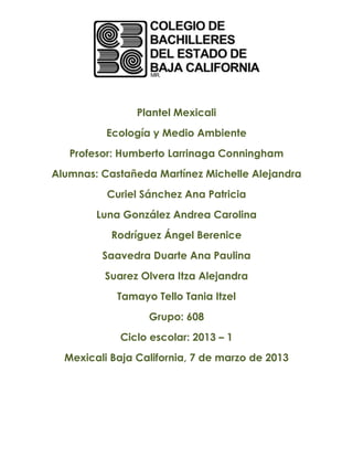 Plantel Mexicali
          Ecología y Medio Ambiente
   Profesor: Humberto Larrinaga Conningham
Alumnas: Castañeda Martínez Michelle Alejandra
          Curiel Sánchez Ana Patricia
        Luna González Andrea Carolina
           Rodríguez Ángel Berenice
         Saavedra Duarte Ana Paulina
         Suarez Olvera Itza Alejandra
            Tamayo Tello Tania Itzel
                  Grupo: 608
            Ciclo escolar: 2013 – 1
  Mexicali Baja California, 7 de marzo de 2013
 