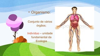 • Organismo:
Conjunto de vários
órgãos;
Indivíduo – unidade
fundamental da
Ecologia