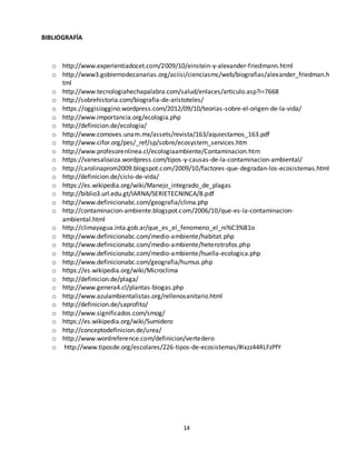 14
BIBLIOGRAFÍA
o http://www.experientiadocet.com/2009/10/einstein-y-alexander-friedmann.html
o http://www3.gobiernodecanarias.org/aciisi/cienciasmc/web/biografias/alexander_friedman.h
tml
o http://www.tecnologiahechapalabra.com/salud/enlaces/articulo.asp?i=7668
o http://sobrehistoria.com/biografia-de-aristoteles/
o https://oggisioggino.wordpress.com/2012/09/10/teorias-sobre-el-origen-de-la-vida/
o http://www.importancia.org/ecologia.php
o http://definicion.de/ecologia/
o http://www.comoves.unam.mx/assets/revista/163/aquiestamos_163.pdf
o http://www.cifor.org/pes/_ref/sp/sobre/ecosystem_services.htm
o http://www.profesorenlinea.cl/ecologiaambiente/Contaminacion.htm
o https://vanesaloaiza.wordpress.com/tipos-y-causas-de-la-contaminacion-ambiental/
o http://carolinaprom2009.blogspot.com/2009/10/factores-que-degradan-los-ecosistemas.html
o http://definicion.de/ciclo-de-vida/
o https://es.wikipedia.org/wiki/Manejo_integrado_de_plagas
o http://biblio3.url.edu.gt/IARNA/SERIETECNINCA/8.pdf
o http://www.definicionabc.com/geografia/clima.php
o http://contaminacion-ambiente.blogspot.com/2006/10/que-es-la-contaminacion-
ambiental.html
o http://climayagua.inta.gob.ar/que_es_el_fenomeno_el_ni%C3%B1o
o http://www.definicionabc.com/medio-ambiente/habitat.php
o http://www.definicionabc.com/medio-ambiente/heterotrofos.php
o http://www.definicionabc.com/medio-ambiente/huella-ecologica.php
o http://www.definicionabc.com/geografia/humus.php
o https://es.wikipedia.org/wiki/Microclima
o http://definicion.de/plaga/
o http://www.genera4.cl/plantas-biogas.php
o http://www.azulambientalistas.org/rellenosanitario.html
o http://definicion.de/saprofito/
o http://www.significados.com/smog/
o https://es.wikipedia.org/wiki/Sumidero
o http://conceptodefinicion.de/urea/
o http://www.wordreference.com/definicion/vertedero
o http://www.tiposde.org/escolares/226-tipos-de-ecosistemas/#ixzz44RLFzPfY
 
