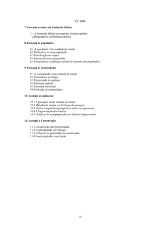 11º ANO

7. Sistemas naturais da Península Ibérica

    7.1 A Península Ibérica nos grandes sistemas globais
    7.2 Biogeografia da Península Ibérica

8. Ecologia de populações

    8.1 A população como unidade de estudo
    8.2 Parâmetros de uma população
    8.3 Distribuição no espaço
    8.4 Interacções entre populações
    8.5 Crescimento e regulação natural do tamanho das populações

9. Ecologia de comunidades

    9.1 A comunidade como unidade de estudo
    9.2 Dominância ecológica
    9.3 Diversidade de espécies
    9.4 Estrutura vertical
    9.5 Estrutura horizontal
    9.6 Evolução de comunidades

10. Ecologia de paisagem

    10.1 A paisagem como unidade de estudo
    10.2 Métodos de análise em Ecologia de paisagem
    10.3 Efeitos dos padrões paisagísticos sobre os organismos
    10.4 A fragmentação dos habitats
    10.5 Dinâmica de metapopulações em habitats fragmentados

11. Ecologia e Conservação

    11.1 Conservação da biodiversidade
    11.2 Biodiversidade em Portugal
    11.3 Definição de prioridades de conservação
    11.4 Bases legais da conservação




                                                10
 