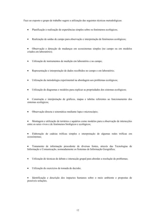 Face ao exposto o grupo de trabalho sugere a utilização das seguintes técnicas metodológicas:


   •   Planificação e realização de experiências simples sobre os fenómenos ecológicos;


   •   Realização de saídas de campo para observação e interpretação de fenómenos ecológicos;


   • Observação e detecção de mudanças em ecossistemas simples (no campo ou em modelos
   criados em laboratório);


   •   Utilização de instrumentos de medição em laboratório e no campo;


   •   Representação e interpretação de dados recolhidos no campo e em laboratório;


   •   Utilização da metodologia experimental na abordagem aos problemas ecológicos;


   •   Utilização de diagramas e modelos para explicar as propriedades dos sistemas ecológicos;


   • Construção e interpretação de gráficos, mapas e tabelas referentes ao funcionamento dos
   sistemas ecológicos;


   •   Observação directa e sistemática mediante lupa e microscópio;


   • Montagem e utilização de terrários e aquários como modelos para a observação de interacções
   entre os seres vivos e de fenómenos biológicos e ecológicos;


   • Elaboração de cadeias tróficas simples e interpretação de algumas redes tróficas em
   ecossistemas;


   • Tratamento de informação procedente de diversas fontes, através das Tecnologias de
   Informação e Comunicação, nomeadamente os Sistemas de Informação Geográfica;


   •   Utilização de técnicas de debate e interacção grupal para abordar a resolução de problemas;


   •   Utilização de exercícios de tomada de decisão;


   • Identificação e descrição dos impactos humanos sobre o meio ambiente e propostas de
   possíveis soluções.




                                                  12
 