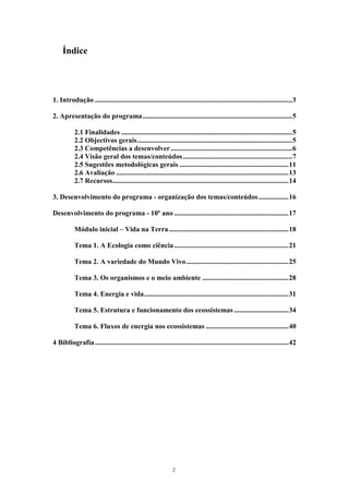 Índice




1. Introdução ................................................................................................................3

2. Apresentação do programa.....................................................................................5

           2.1 Finalidades .................................................................................................5
           2.2 Objectivos gerais........................................................................................5
           2.3 Competências a desenvolver .....................................................................6
           2.4 Visão geral dos temas/conteúdos ..............................................................7
           2.5 Sugestões metodológicas gerais ..............................................................11
           2.6 Avaliação ..................................................................................................13
           2.7 Recursos....................................................................................................14

3. Desenvolvimento do programa - organização dos temas/conteúdos .................16

Desenvolvimento do programa - 10º ano .................................................................17

           Módulo inicial – Vida na Terra ....................................................................18

           Tema 1. A Ecologia como ciência .................................................................21

           Tema 2. A variedade do Mundo Vivo ..........................................................25

           Tema 3. Os organismos e o meio ambiente .................................................28

           Tema 4. Energia e vida..................................................................................31

           Tema 5. Estrutura e funcionamento dos ecossistemas ...............................34

           Tema 6. Fluxos de energia nos ecossistemas ...............................................40

4 Bibliografia ..............................................................................................................42




                                                              2
 