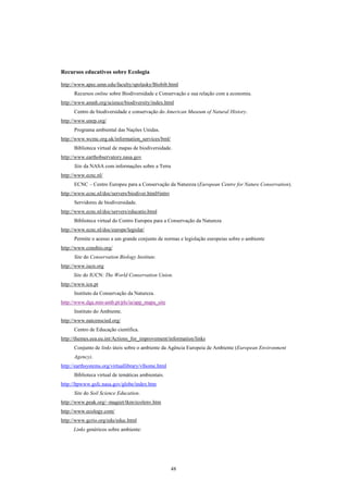 Recursos educativos sobre Ecologia

http://www.apec.umn.edu/faculty/spolasky/Biobib.html
      Recursos online sobre Biodiversidade e Conservação e sua relação com a economia.
http://www.amnh.org/science/biodiversity/index.html
      Centro de biodiversidade e conservação do American Museum of Natural History.
http://www.unep.org/
      Programa ambiental das Nações Unidas.
http://www.wcmc.org.uk/information_services/bml/
      Biblioteca virtual de mapas de biodiversidade.
http://www.earthobservatory.nasa.gov
      Site da NASA com informações sobre a Terra
http://www.ecnc.nl/
      ECNC – Centro Europeu para a Conservação da Natureza (European Centre for Nature Conservation).
http://www.ecnc.nl/doc/servers/biodiver.html#intro
      Servidores de biodiversidade.
http://www.ecnc.nl/doc/servers/educatio.html
      Biblioteca virtual do Centro Europeu para a Conservação da Natureza
http://www.ecnc.nl/doc/europe/legislat/
      Permite o acesso a um grande conjunto de normas e legislação europeias sobre o ambiente
http://www.consbio.org/
      Site do Conservation Biology Institute.
http://www.iucn.org
      Site do IUCN: The World Conservation Union.
http://www.icn.pt
      Instituto da Conservação da Natureza.
http://www.dga.min-amb.pt/pls/ia/app_mapa_site
      Instituto do Ambiente.
http://www.natcenscied.org/
      Centro de Educação científica.
http://themes.eea.eu.int/Actions_for_improvement/information/links
      Conjunto de links úteis sobre o ambiente da Agência Europeia de Ambiente (European Environment
      Agency).
http://earthsystems.org/virtuallibrary/vlhome.html
      Biblioteca virtual de temáticas ambientais.
http://ltpwww.gsfc.nasa.gov/globe/index.htm
      Site do Soil Science Education.
http://www.peak.org/~mageet/tkm/ecolenv.htm
http://www.ecology.com/
http://www.gcrio.org/edu/educ.html
      Links genéricos sobre ambiente:




                                                     48
 