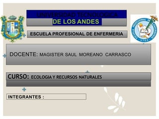 UNIVERSIDAD TECNOLOGICA
DE LOS ANDES
UNIVERSIDAD TECNOLOGICA
ESCUELA PROFESIONAL DE ENFERMERIA
DOCENTE: MAGISTER SAUL MOREANO CARRASCO
INTEGRANTES :
CURSO: ECOLOGIA Y RECURSOS NATURALES
 