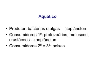 Aquático
• Produtor: bactérias e algas – fitoplâncton
• Consumidores 1º: protozoários, moluscos,
crustáceos - zooplâncton
• Consumidores 2º e 3º: peixes
 